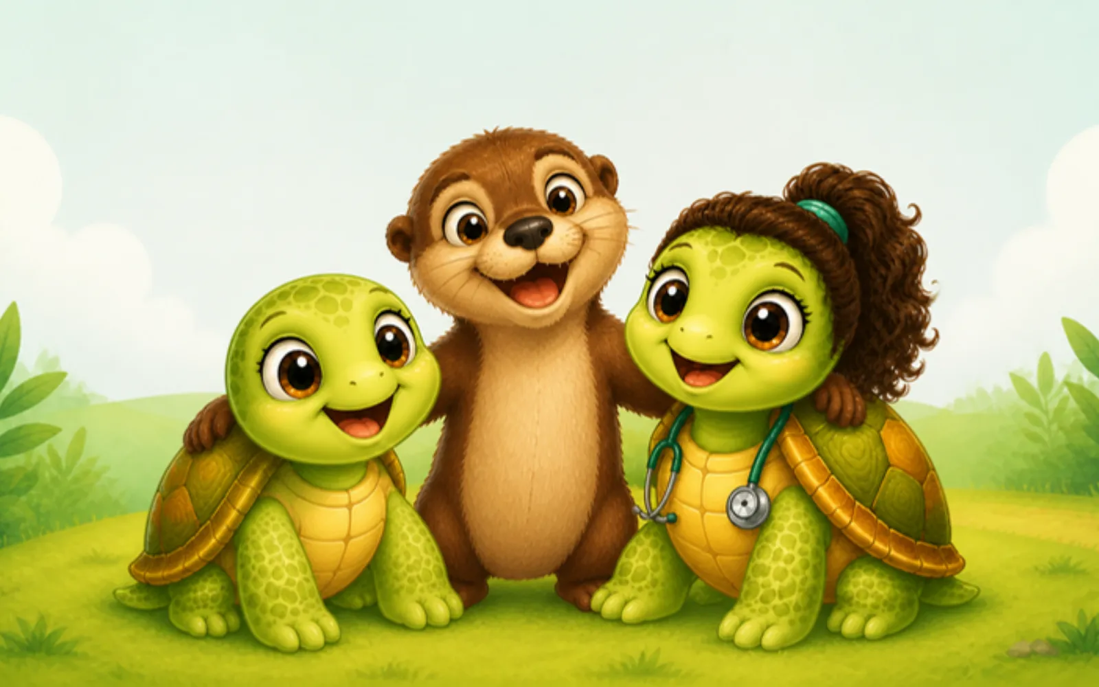 Rew, Leo, and Coco together in a meadow